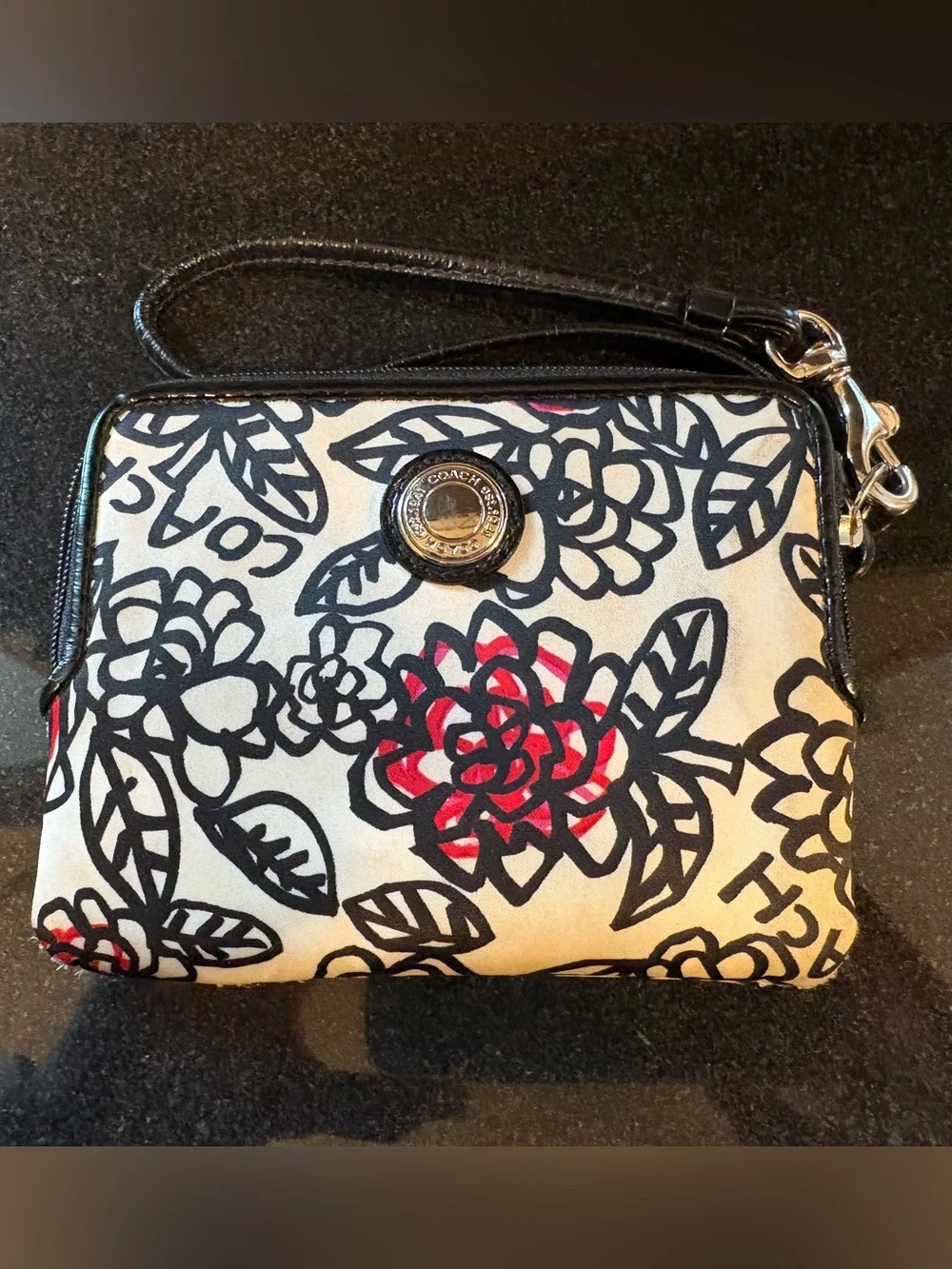 Coach Floral Wristlet in Black, White & Red Trim